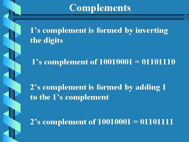 Complements 1’s complement is formed by inverting the digits 1’s complement of 10010001 =
