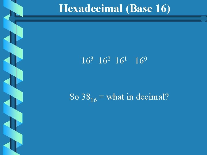 Hexadecimal (Base 16) 163 162 161 160 So 3816 = what in decimal? 