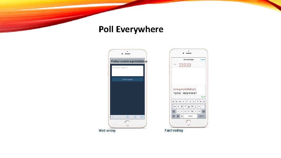 Poll Everywhere Pollev. com/oregonstatebar 22333 (oregonstatebar) <your response> Web voting Text voting 