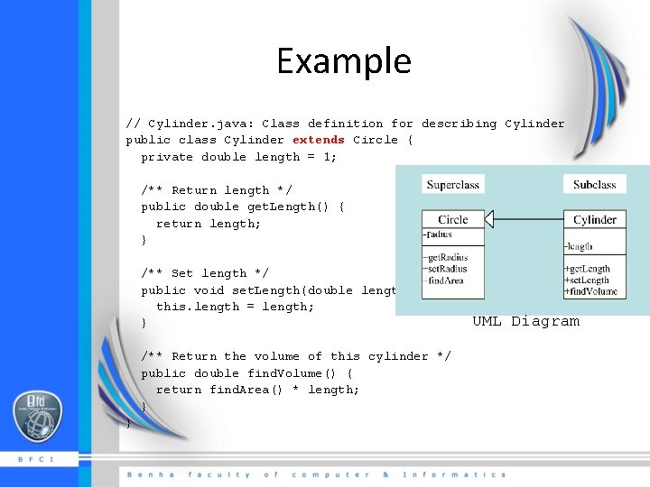 Example // Cylinder. java: Class definition for describing Cylinder public class Cylinder extends Circle