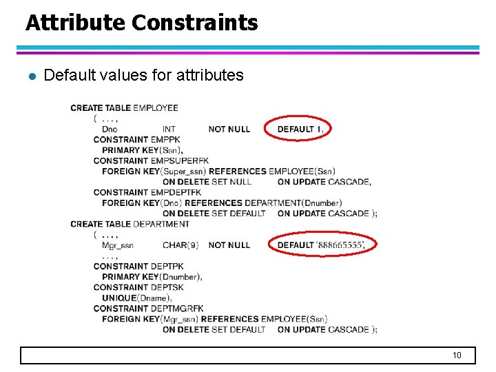 Attribute Constraints l Default values for attributes 10 