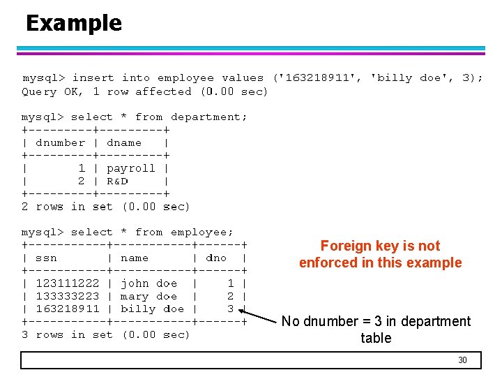 Example Foreign key is not enforced in this example No dnumber = 3 in