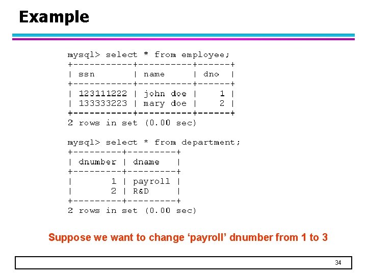 Example Suppose we want to change ‘payroll’ dnumber from 1 to 3 34 