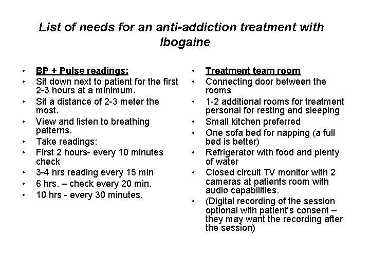 List of needs for an anti-addiction treatment with Ibogaine • • • BP +