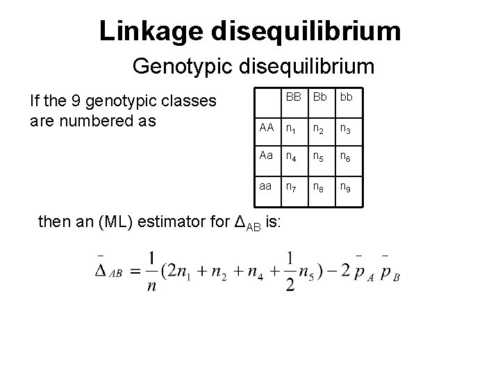 Linkage disequilibrium Genotypic disequilibrium If the 9 genotypic classes are numbered as BB Bb