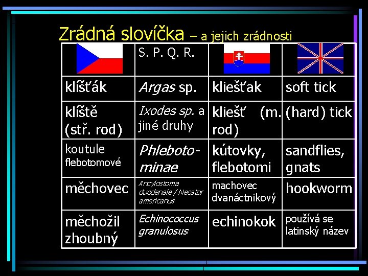 Zrádná slovíčka – a jejich zrádnosti S. P. Q. R. klíšťák Argas sp. kliešťak