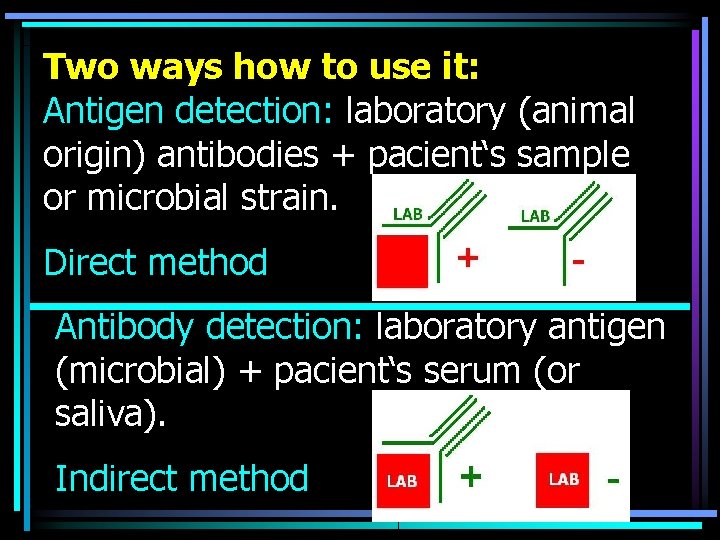 Two ways how to use it: Antigen detection: laboratory (animal origin) antibodies + pacient‘s