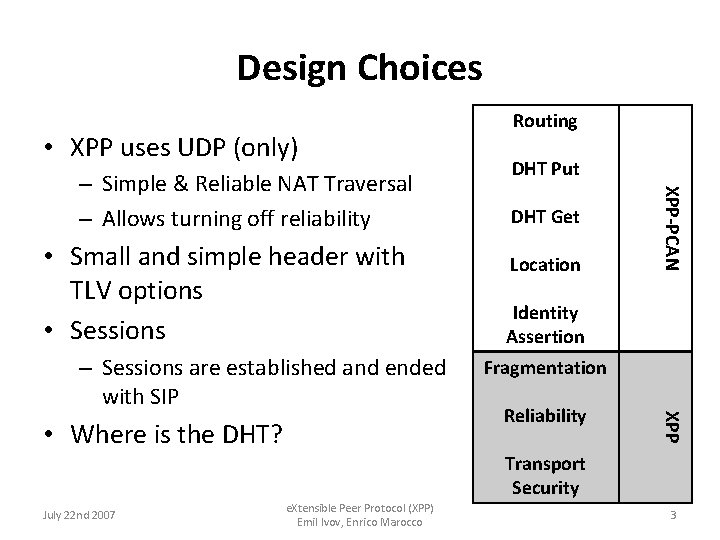Design Choices • XPP uses UDP (only) • Small and simple header with TLV