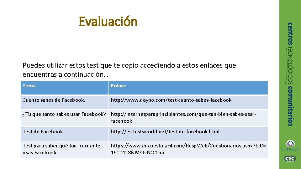 Evaluación Puedes utilizar estos test que te copio accediendo a estos enlaces que encuentras