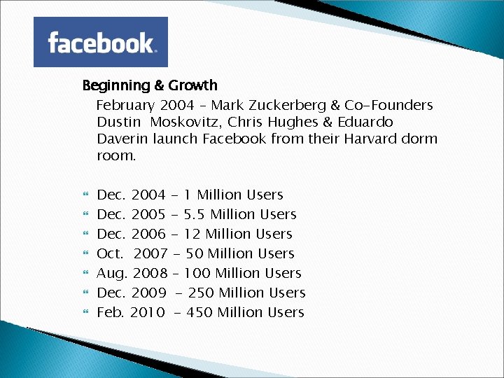 Beginning & Growth February 2004 – Mark Zuckerberg & Co-Founders Dustin Moskovitz, Chris Hughes