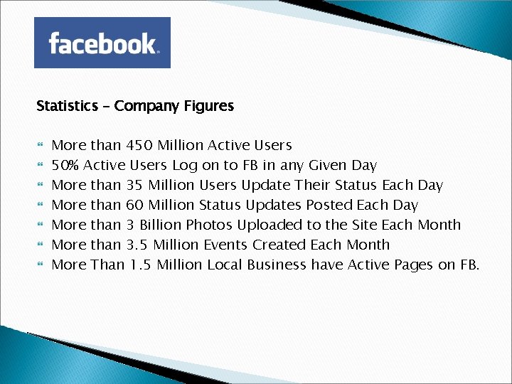 Statistics – Company Figures More than 450 Million Active Users 50% Active Users Log