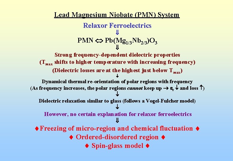 Lead Magnesium Niobate (PMN) System Relaxor Ferroelectrics PMN Pb(Mg 1/3 Nb 2/3)O 3 Strong