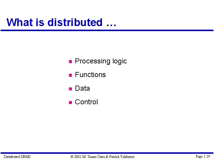 What is distributed … Distributed DBMS Processing logic Functions Data Control © 2001 M.