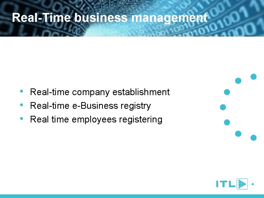 Real-Time business management • Real-time company establishment • Real-time e-Business registry • Real time