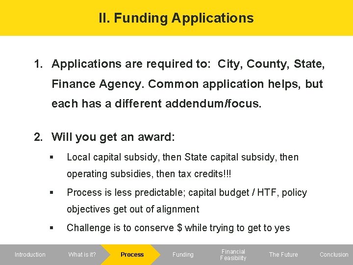 II. Funding Applications 1. Applications are required to: City, County, State, Finance Agency. Common