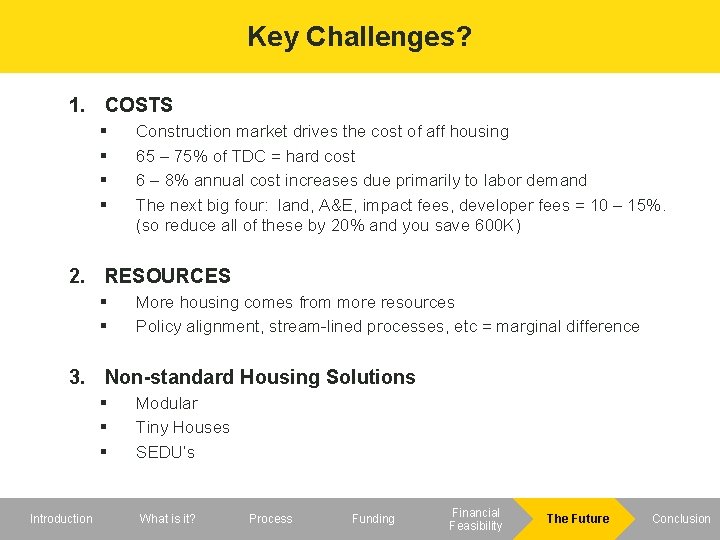 Key Challenges? 1. COSTS Construction market drives the cost of aff housing 65 –