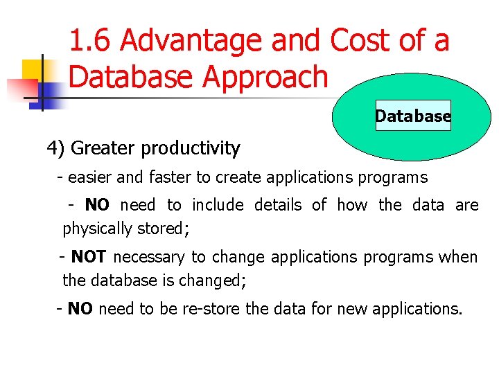 1. 6 Advantage and Cost of a Database Approach Database 4) Greater productivity -