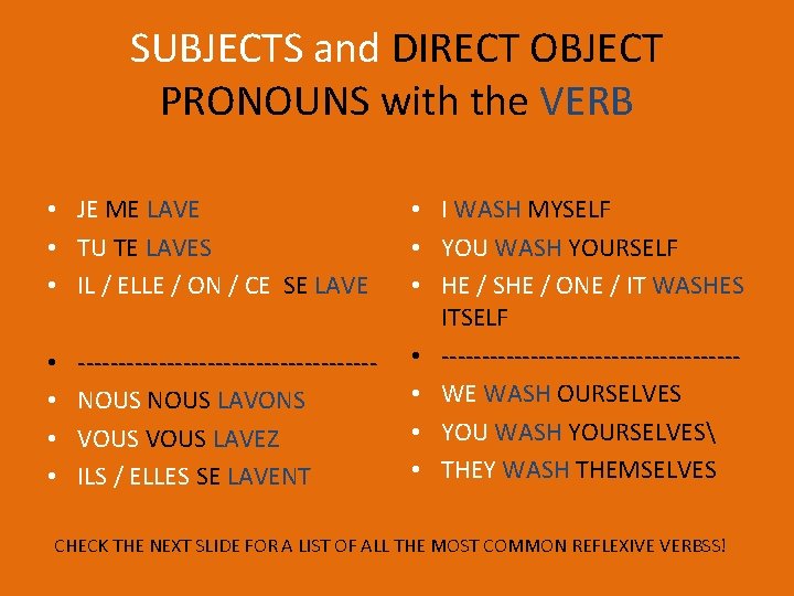 SUBJECTS and DIRECT OBJECT PRONOUNS with the VERB • JE ME LAVE • TU