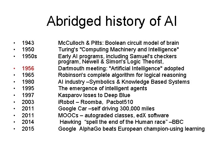 Abridged history of AI • • • 1943 1950 s • • • 1956