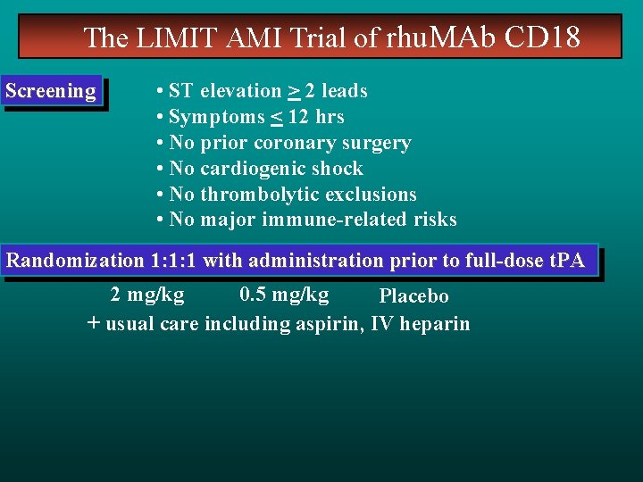 The LIMIT AMI Trial of rhu. MAb CD 18 Screening • ST elevation >