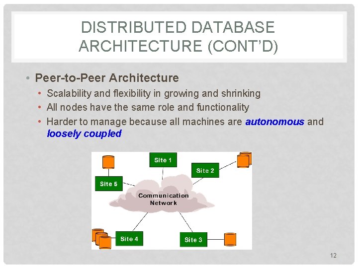 DISTRIBUTED DATABASE ARCHITECTURE (CONT’D) • Peer-to-Peer Architecture • Scalability and flexibility in growing and