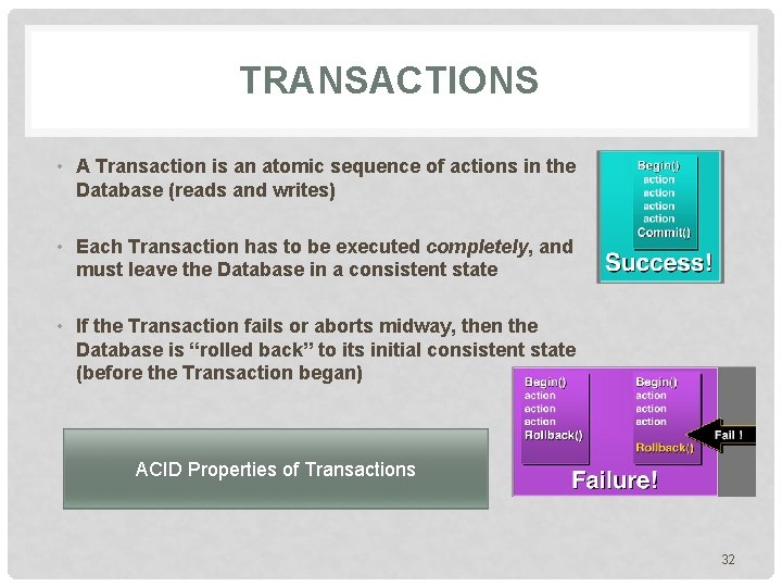 TRANSACTIONS • A Transaction is an atomic sequence of actions in the Database (reads