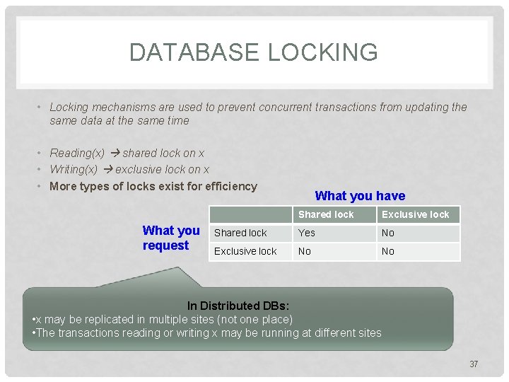 DATABASE LOCKING • Locking mechanisms are used to prevent concurrent transactions from updating the