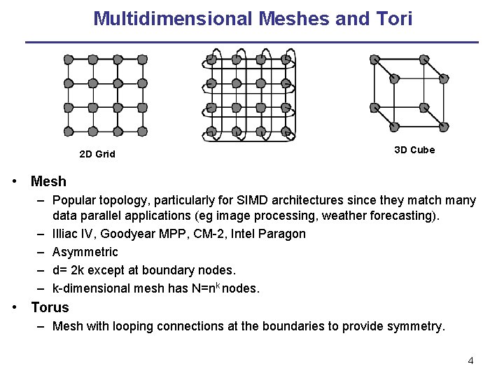 Multidimensional Meshes and Tori 2 D Grid 3 D Cube • Mesh – Popular