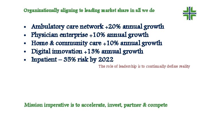 Organizationally aligning to leading market share in all we do • • • Ambulatory