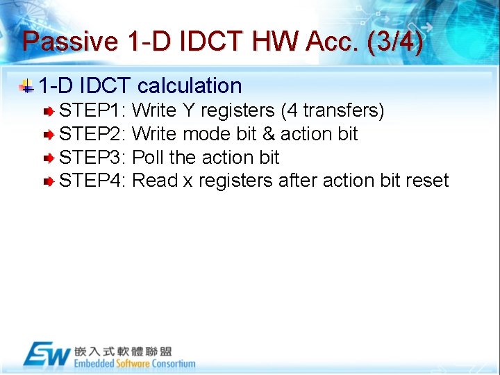 Passive 1 -D IDCT HW Acc. (3/4) 1 -D IDCT calculation STEP 1: Write