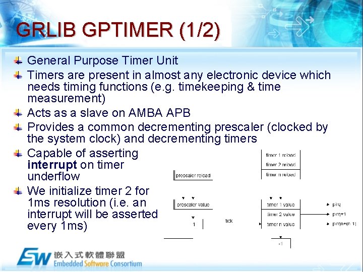 GRLIB GPTIMER (1/2) General Purpose Timer Unit Timers are present in almost any electronic