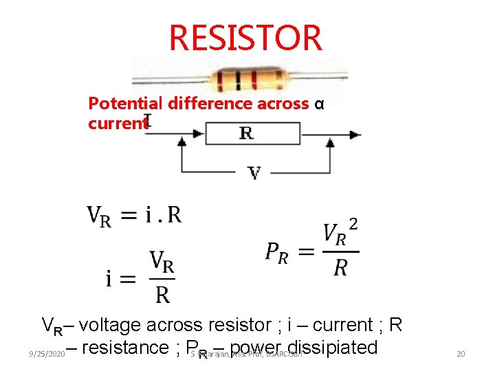 RESISTOR Potential difference across α current VR– voltage across resistor ; i – current