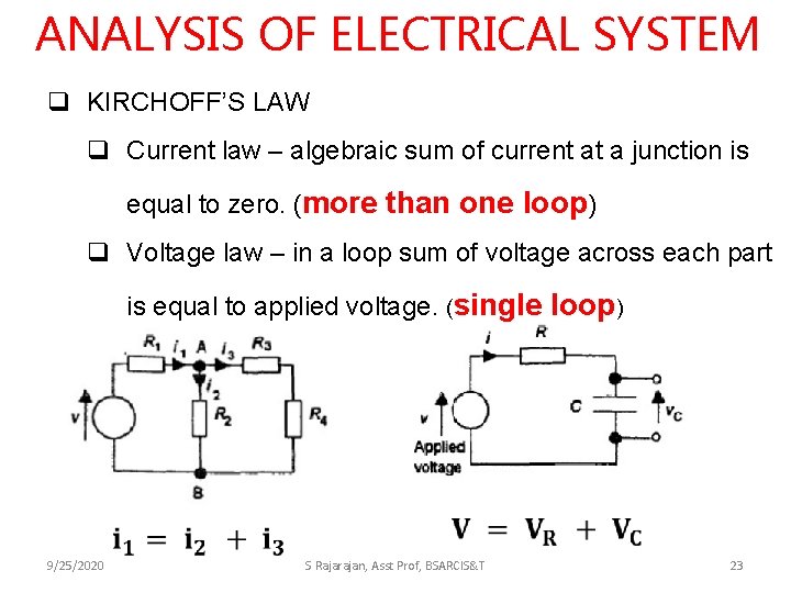 ANALYSIS OF ELECTRICAL SYSTEM q KIRCHOFF’S LAW q Current law – algebraic sum of