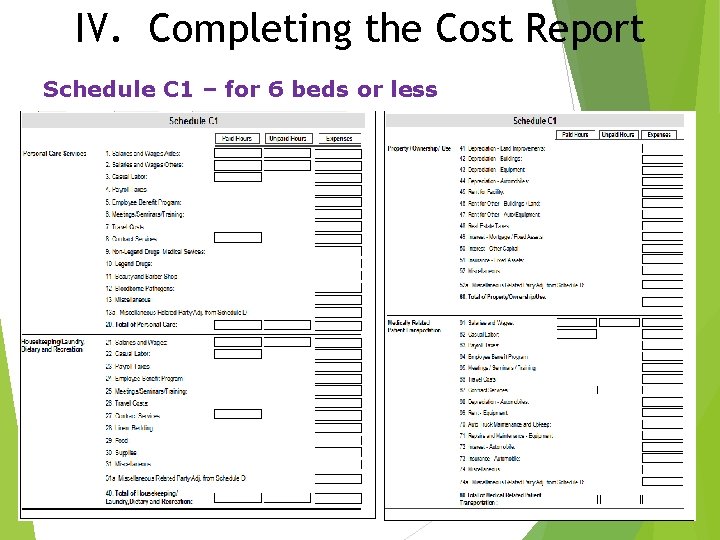 IV. Completing the Cost Report Schedule C 1 – for 6 beds or less