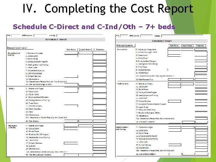 IV. Completing the Cost Report Schedule C-Direct and C-Ind/Oth – 7+ beds 