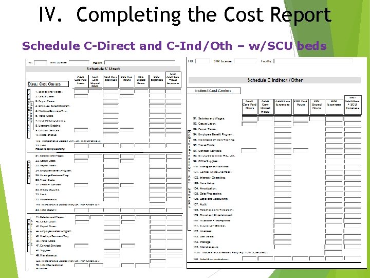IV. Completing the Cost Report Schedule C-Direct and C-Ind/Oth – w/SCU beds 