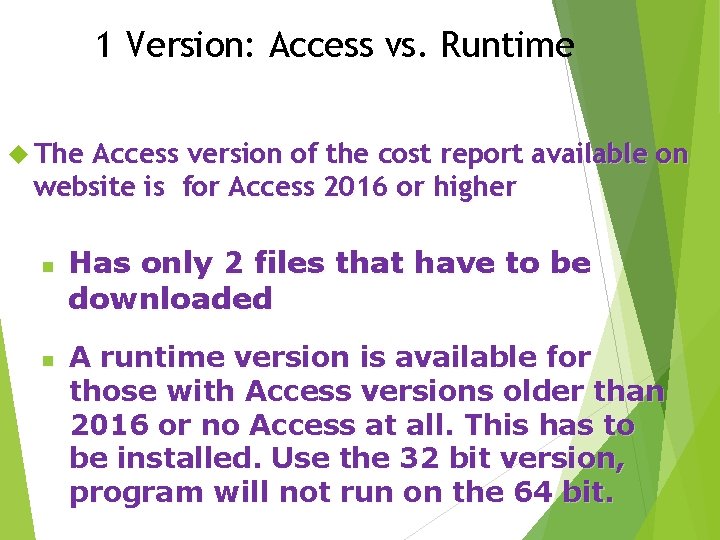 1 Version: Access vs. Runtime The Access version of the cost report available on