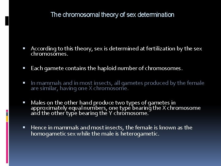 The chromosomal theory of sex determination According to this theory, sex is determined at