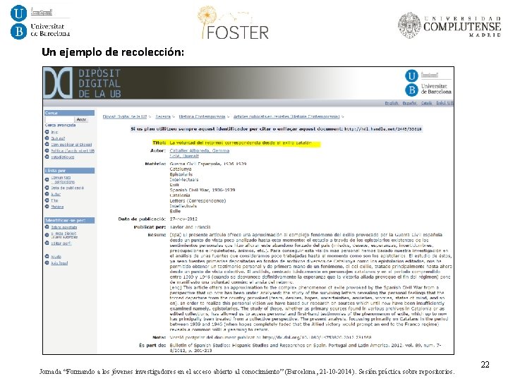 Un ejemplo de recolección: Jornada “Formando a los jóvenes investigadores en el acceso abierto