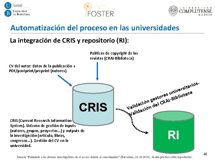 Automatización del proceso en las universidades La integración de CRIS y repositorio (RI): Políticas