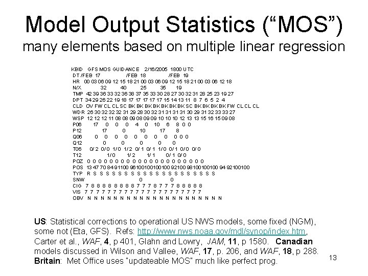 Model Output Statistics (“MOS”) many elements based on multiple linear regression KBID GFS MOS