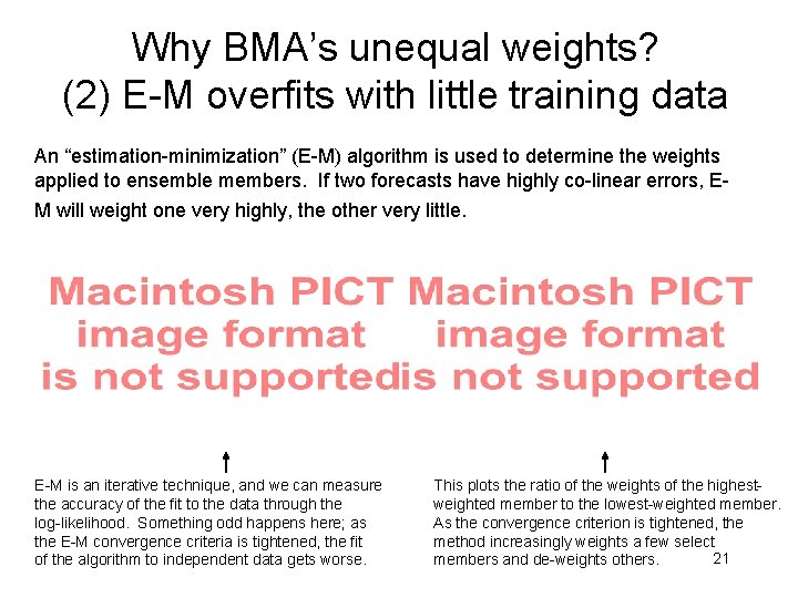 Why BMA’s unequal weights? (2) E-M overfits with little training data An “estimation-minimization” (E-M)