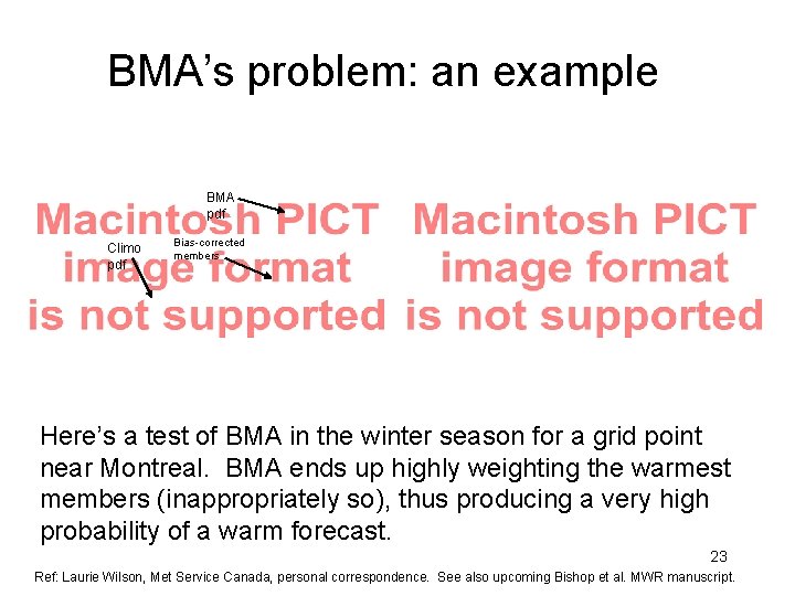 BMA’s problem: an example BMA pdf Climo pdf Bias-corrected members Here’s a test of