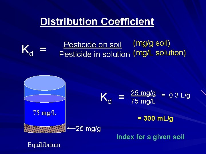 Distribution Coefficient Kd = Pesticide on soil (mg/g soil) Pesticide in solution (mg/L solution)