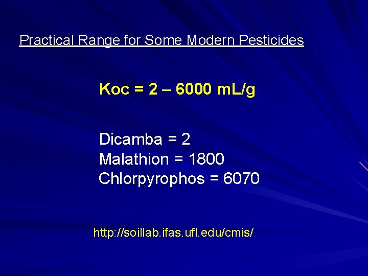 Practical Range for Some Modern Pesticides Koc = 2 – 6000 m. L/g Dicamba