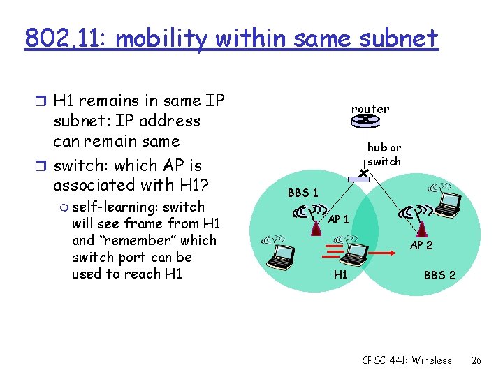 802. 11: mobility within same subnet r H 1 remains in same IP subnet: