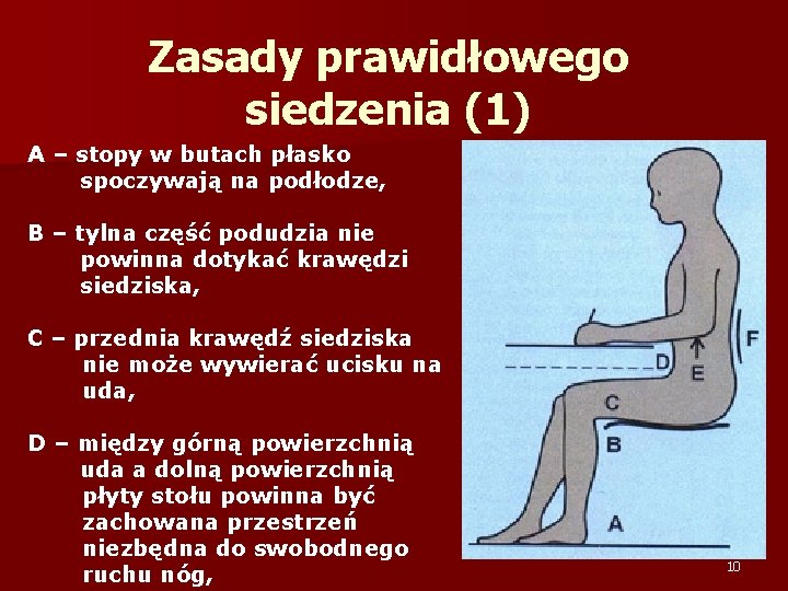 Zasady prawidłowego siedzenia (1) A – stopy w butach płasko spoczywają na podłodze, B