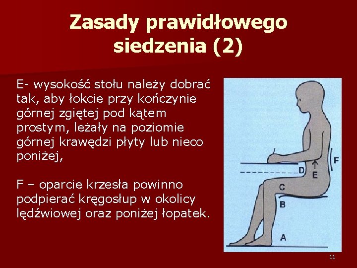 Zasady prawidłowego siedzenia (2) E- wysokość stołu należy dobrać tak, aby łokcie przy kończynie