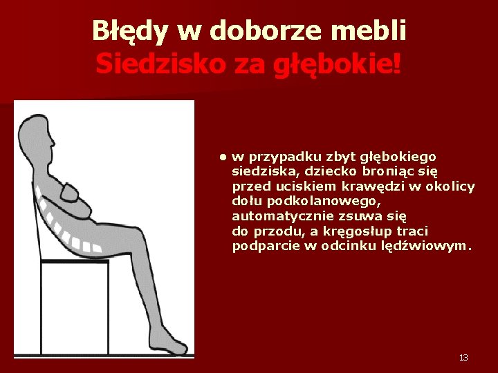 Błędy w doborze mebli Siedzisko za głębokie! • w przypadku zbyt głębokiego siedziska, dziecko