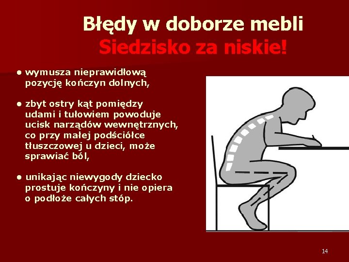 Błędy w doborze mebli Siedzisko za niskie! • wymusza nieprawidłową pozycję kończyn dolnych, •